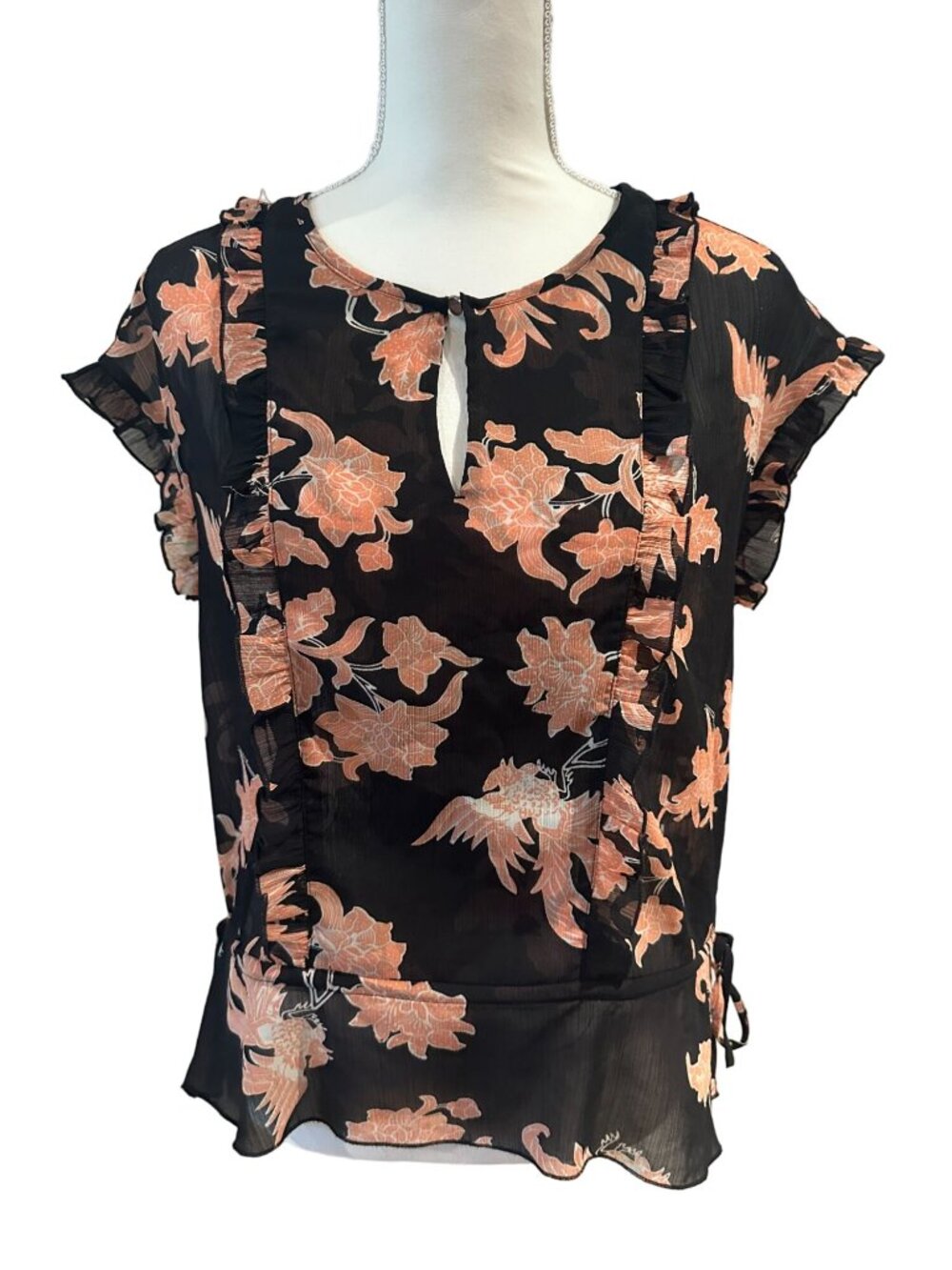 SCOTCH & SODA Black Pink Bird Floral Sheer Top Size XS - Picture 3 of 8